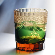 金致日本手工雕刻套色威士忌水晶玻璃酒杯日式江户切子杯富士山款