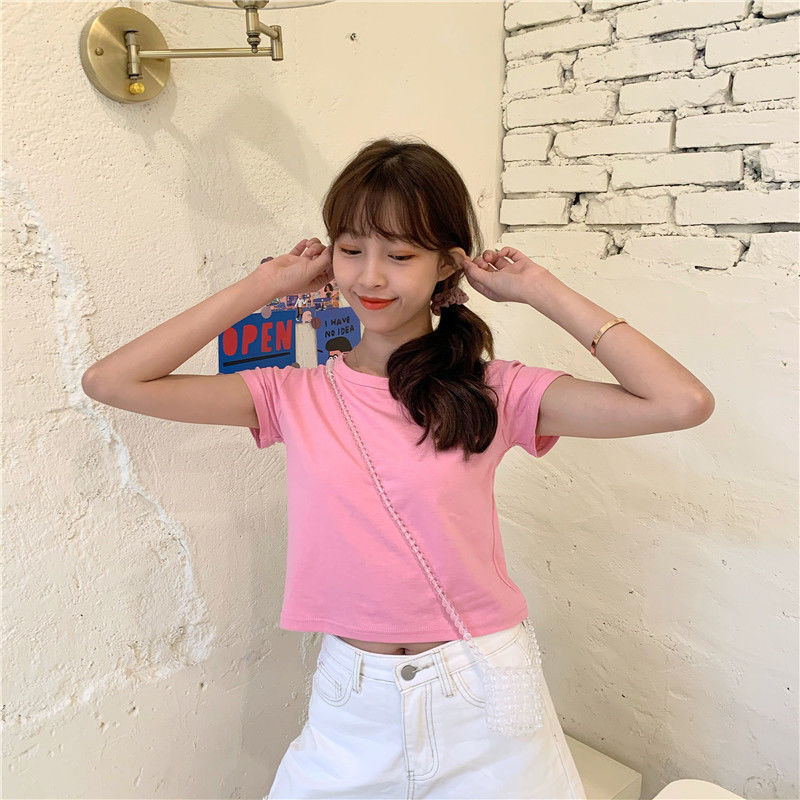 Top corto de manga corta a la moda, color caramelo, cintura alta, color sólido, conjunto de mejores amigas, camiseta de verano para estudiantes, para mujer, 2025