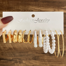 Trendy Gold Pearl Hoop Earrings Set Metal Dangle Earrings