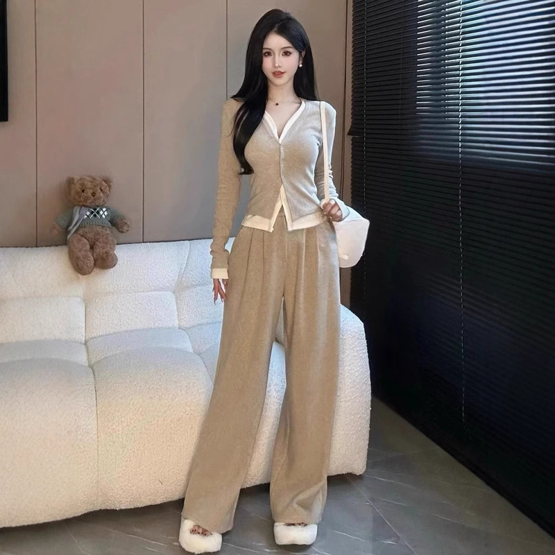 小个子时尚搭配一整套女2025春秋撞色假两件开衫上衣阔腿裤两件套|undefined