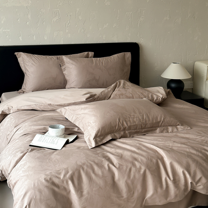 Juego de cama de cuatro piezas de algodón de fibra larga satinado 100S de alta gama, juego de cuatro piezas de algodón puro jacquard, funda nórdica, sábana ajustable