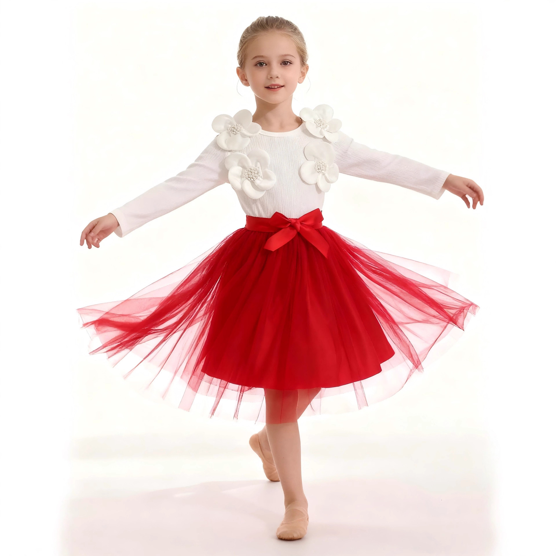 女童圆领立体珍珠大花朵网纱连衣裙+腰带春秋款休闲外出