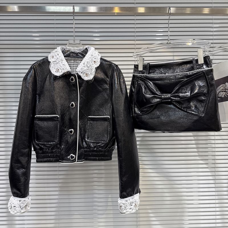 Internet Celebrity's New Winter Hot Girl Lace Collar Leather Jacket + Bow Skirt Suit for Women
