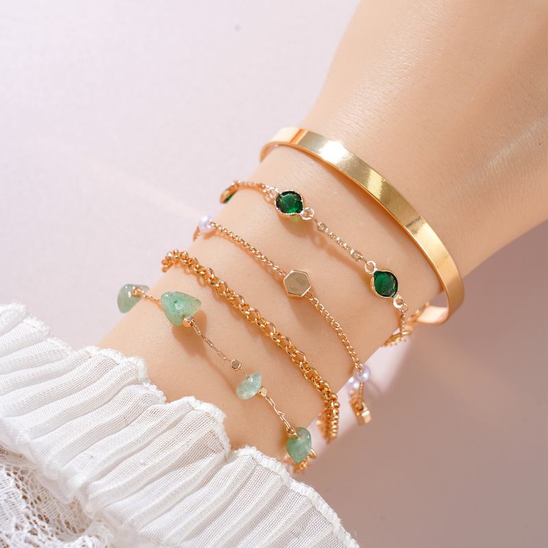 Cross-Border European and American Metal Style Multi-Set Gravel Bracelet Set Light Luxury Geometric Green Square Diamond Bracelet Bracelet