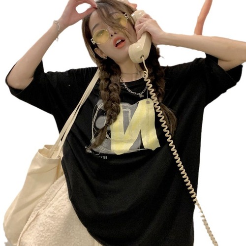 Women's Summer Large Print Short Sleeve T-Shirt Loose Korean Style Versatile Pure Cotton Half-Sleeve Tee Couple's Top