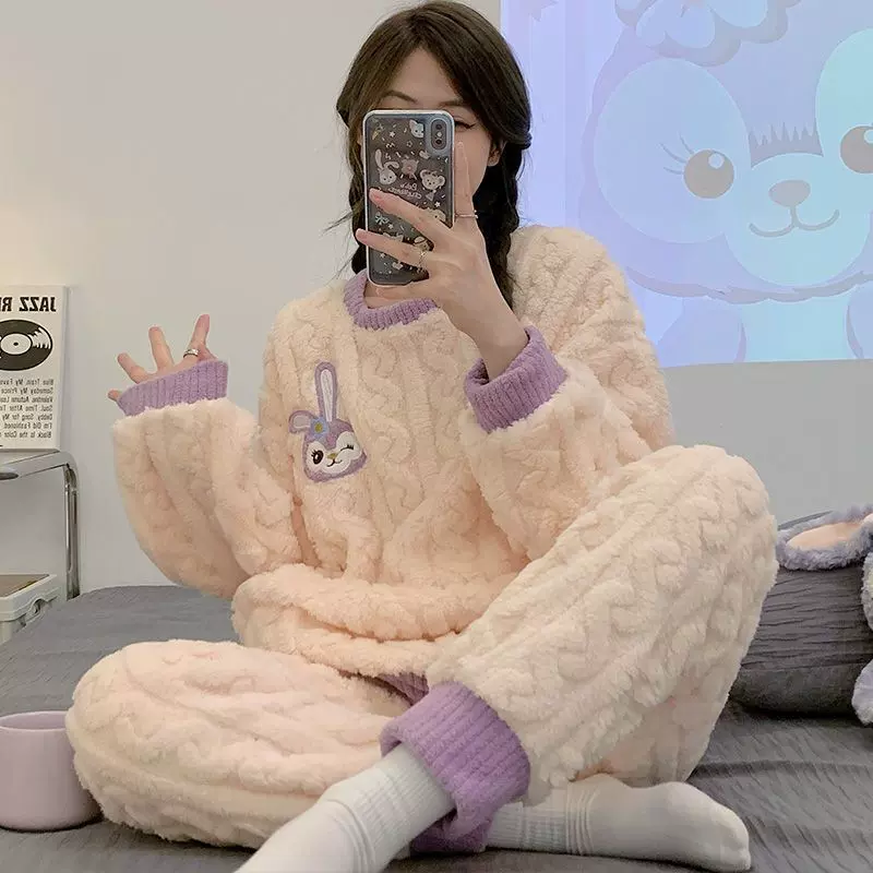 私域爆款睡衣女圆领长毛绒长袖长裤冬天加绒加厚甜美家居服女套装