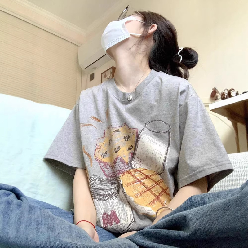 Gray Pure Cotton Heavyweight Short-Sleeved T-Shirt for Women Petite Summer Retro American Print Loose Round Neck Half-Sleeved Top