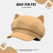 日系可爱毛呢猫耳朵贝雷帽子女秋冬百搭显脸小鸭舌报童帽八角帽子