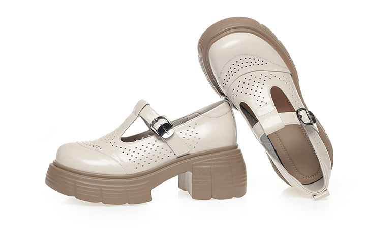Sandal cao gót đế dày nữ hở mũi, thoáng khí mùa hè, da thật — Màu be chi tiết 25