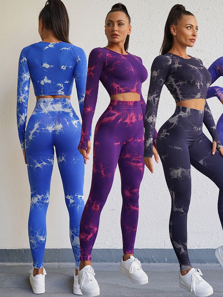 Trajes deportivos tie-dye europeos y americanos cuidadosamente seleccionados para mujer, pantalones deportivos ajustados de cintura alta que levantan los glúteos, ropa de yoga transpirable para fitness al aire libre