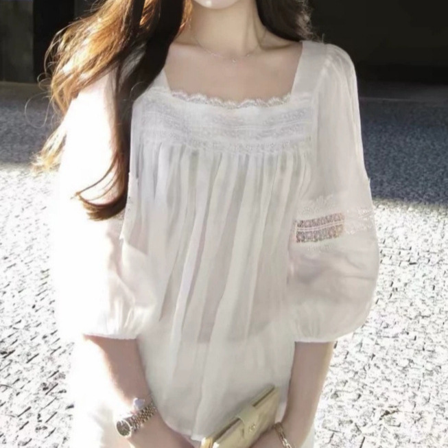 Gentle Temperament, Endless Summer, 1Oo Ramie Lace Cotton Patchwork Square-Neck Blouse, White Loose-Fitting Elegant Shirt Gentle Temperament, Endless Summer, 1Oo Ramie Lace Cotton Patchwork Square-Neck Blouse, White Loose-Fitting Elegant Shirt