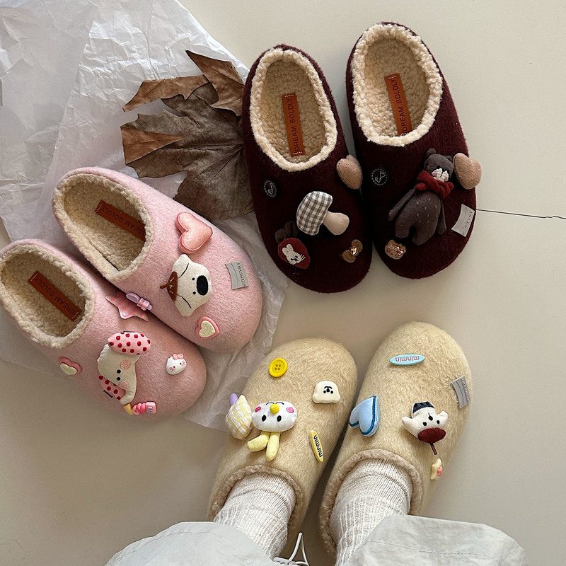 Jin Mi Cute Flat Maomao Slippers for Women 2024 New Winter fleece-lined Warm Non-slip Baotou Slippers
