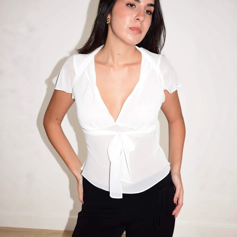 European and American Cross-Border Women's Clothing Spring and Summer New Amazon Style Transparent Tie-Up Flutter Sleeve Ribbon Splicing Top European and American Cross-Border Women's Clothing Spring and Summer New Amazon Style Transparent Tie-Up Flutter Sleeve Ribbon Splicing Top
