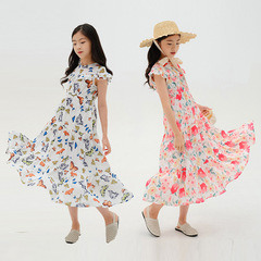2022夏季新款沙灘風花邊袖大擺連衣裙雪紡碎花女中大童沙灘連衣裙