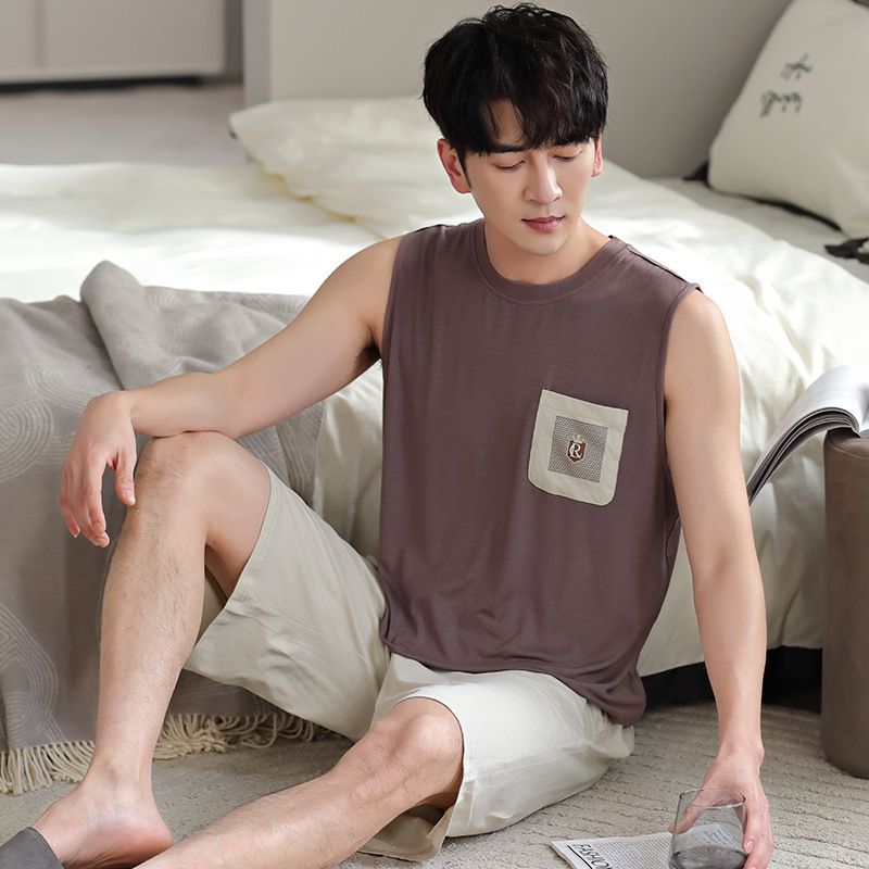 Hombres modal pijamas verano chaleco Delgado pantalones cortos más tamaño sin mangas desgaste del hogar chaleco Delgado desgaste exterior traje