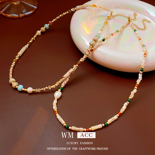 Baroque Freshwater Pearl Colored Natural Stone Necklace Simple Temperament Clavicle Chain Light Luxury High-end Necklace for Women