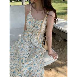 高个子碎花吊带长裙夏款森系淑女风度假脚踝长裙纽扣荷叶边A字裙