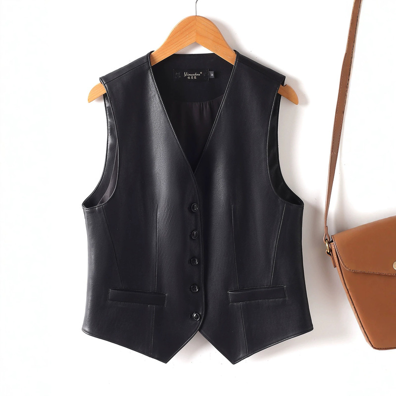 2026 New Style Leather Vest for Women, V-Neck Sleeveless Jacket, Short Slim-Fit Stylish Leather Coat, Sheepskin 2026 New Style Leather Vest for Women, V-Neck Sleeveless Jacket, Short Slim-Fit Stylish Leather Coat, Sheepskin