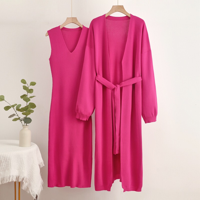 Cross-border European and American 2024 Autumn and Winter Lazy Loose Knitted suit Women's Long Shawl Cardigan dress Two-piece Set