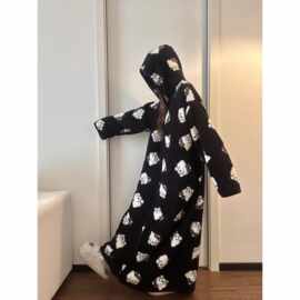 可爱卡通毛绒绒珊瑚绒连帽睡袍女秋冬加厚长款睡裙保暖家居服现货