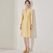 春秋时尚黄色压褶职业连衣裙播音主持正装气质女裙修身显瘦工作服