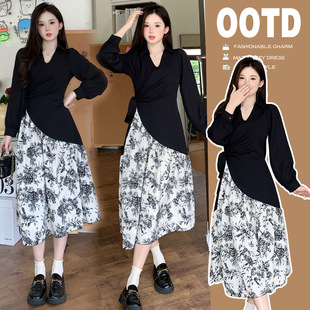 Breastfeeding Clothes Going Out Ink Flower Stitching Long Sleeve dress Hot Mom Postpartum Breastfeeding Slimming Design Sense Waist Tight Dress