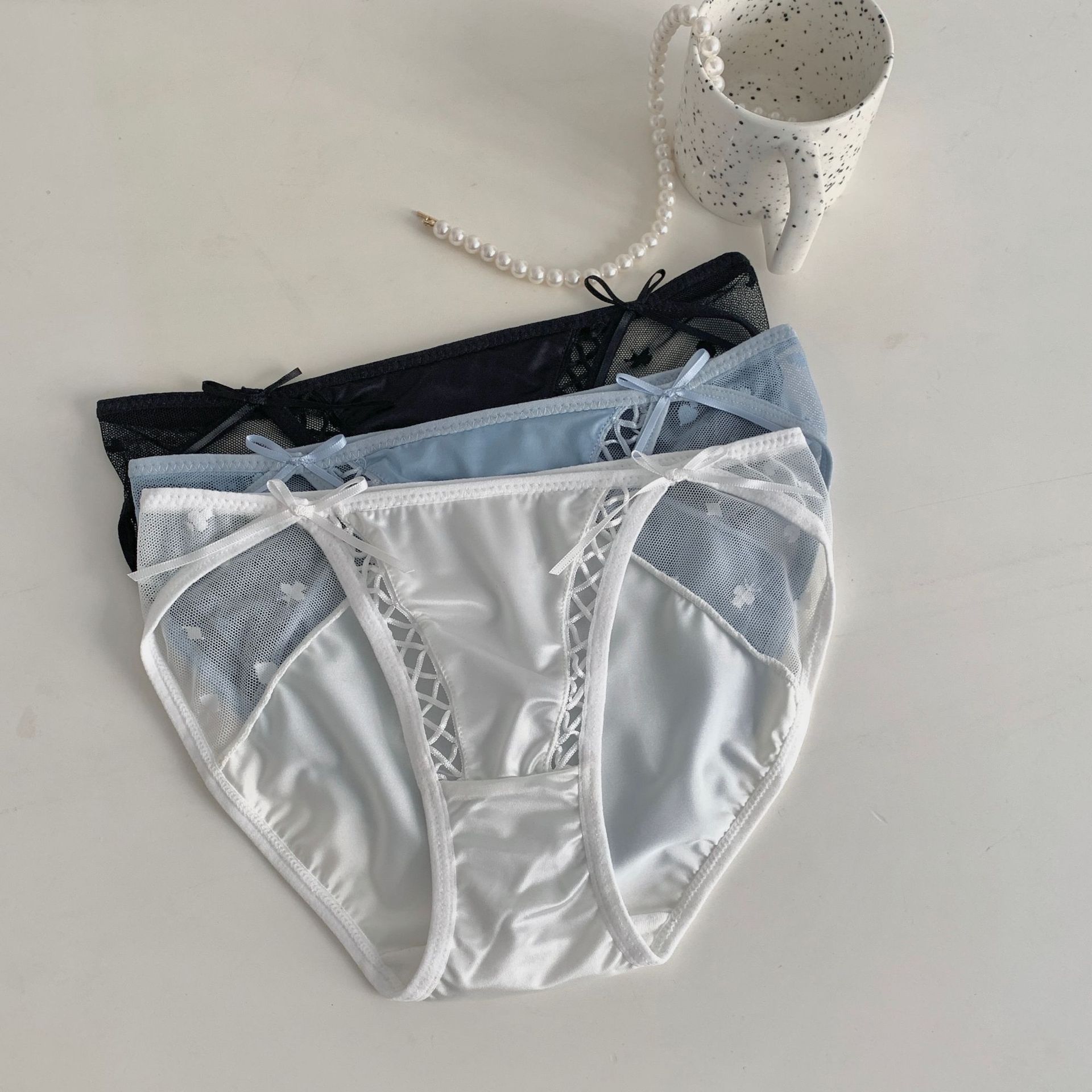 American-style luxury satin mesh panties for women, low-waisted, sexy new style, 2024, thin, silky, transparent, hot triangle panties.