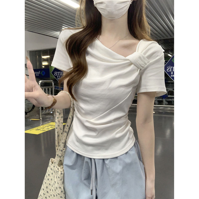 Asymmetrical Twist-Neck Short-Sleeve T-Shirt for Women, 2026 Summer New Chic Style, Waist-Cinching Ruched Pure Desire Style Inner Layering Top
