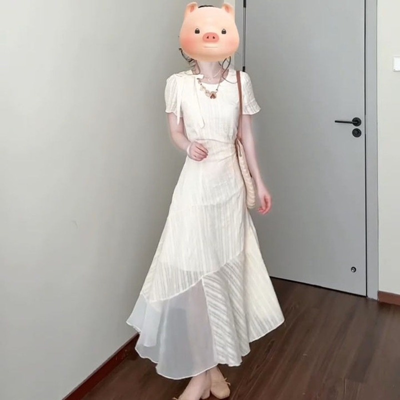 フレンチジェントルスタイルアプリコットドレス女子学生夏新作ウエスト痩身リボン|undefined