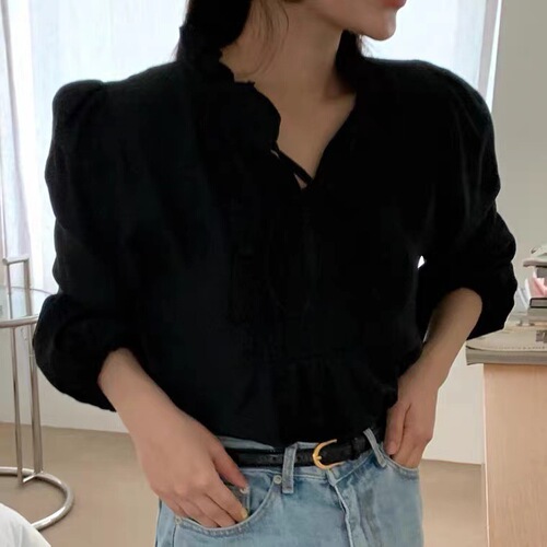 Korean Chic Spring Gentle and Graceful V-Neck Tie-on Ruffle Design Puff Sleeve Loose Solid Color Shirt 