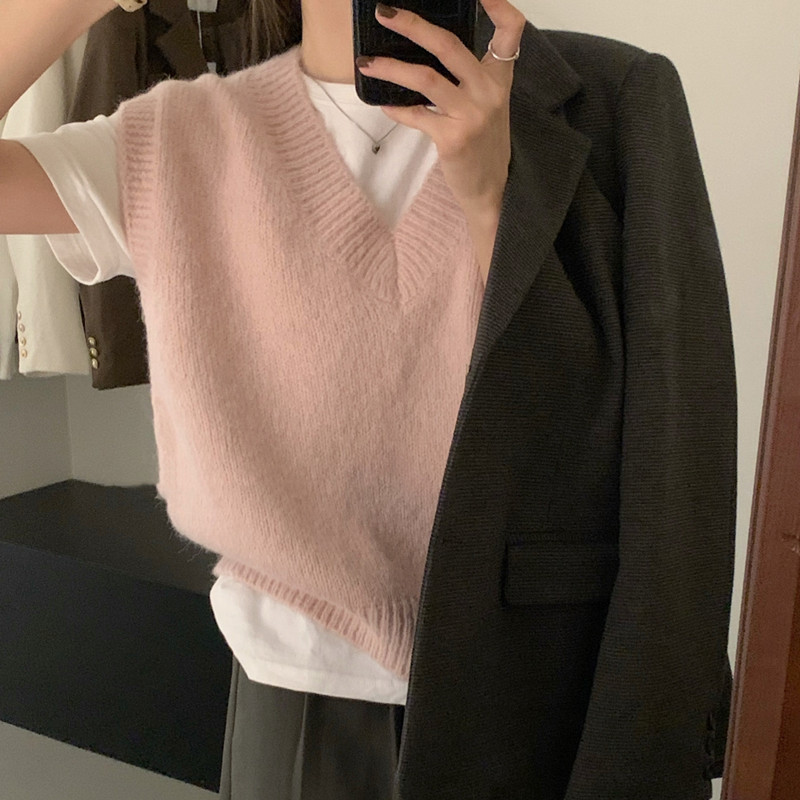 Chaleco de punto con cuello en V para mujer 2023 otoño e invierno nuevo estilo suelto y perezoso