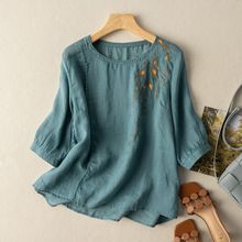 日本日系高端外贸出口尾单棉麻刺绣上衣宽松文艺减龄七分袖T恤衫
