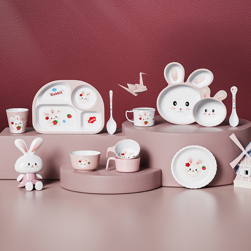 Rabbit Berry Children's plate compartment cartoon girl's non-fall household melamine pink color cute bowl dish Cup