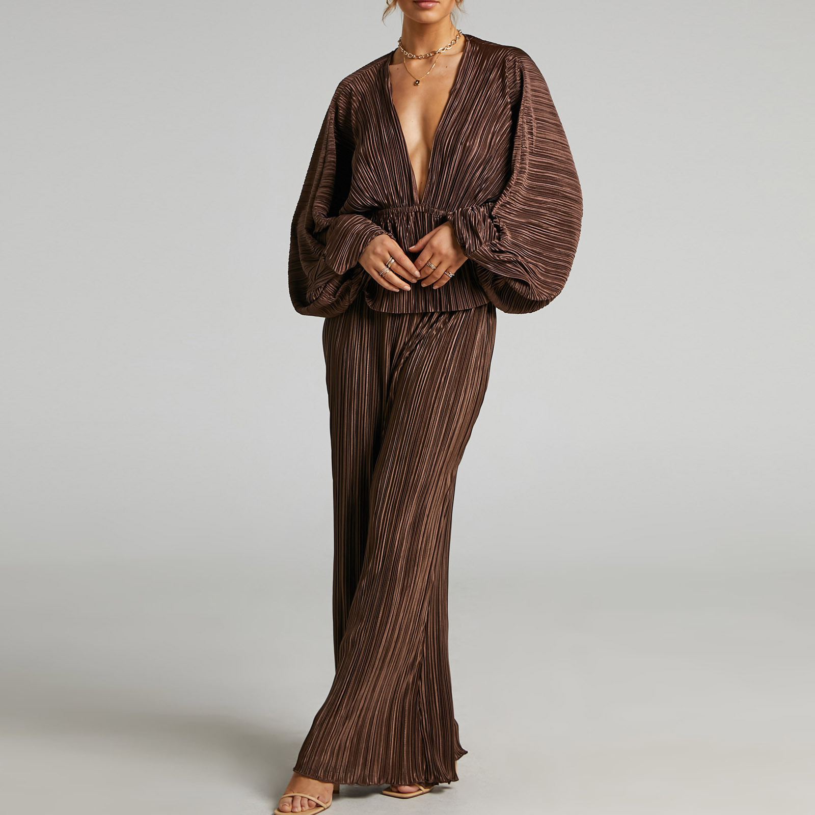 Comfort Function Loose Version Solid Color Pattern Daily Women'S Fashion Solid Color Polyester Pleated Pant Co-ord Set Pants Sets