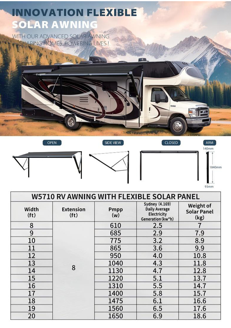 Solar-powered RV awning, retractable side awning, motorhome, camper van, solar-powered vehicle side tent