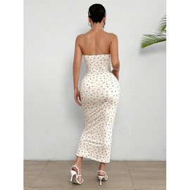 夏季针织花卉印花露肩紧身外露缝线工艺抹胸女士连衣裙