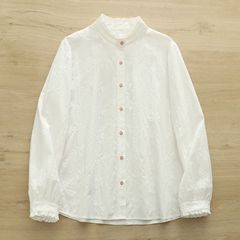 2025春秋新款 韩版立领提花刺绣 纯色宽松女士开衫长袖衬衫 批发