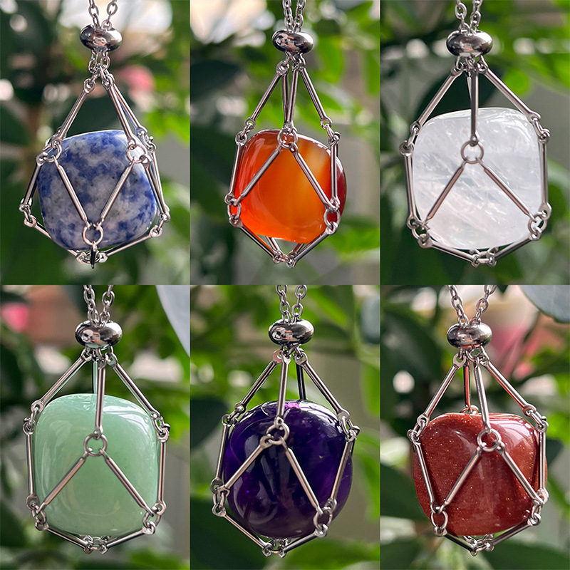 Cross-Border Hot Selling Natural Crystal Raw Stone Stainless Steel Mesh Pocket Bamboo Necklace Braided Pendant Foreign Trade Jewelry