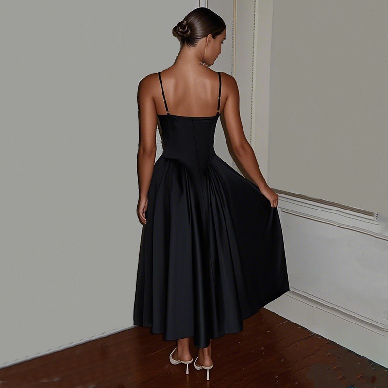 Robe élégante à bretelles et col en V pour femme – Taille haute, coupe moulante, couleur unie estivale (noir/rose, S-L)_voghion.com