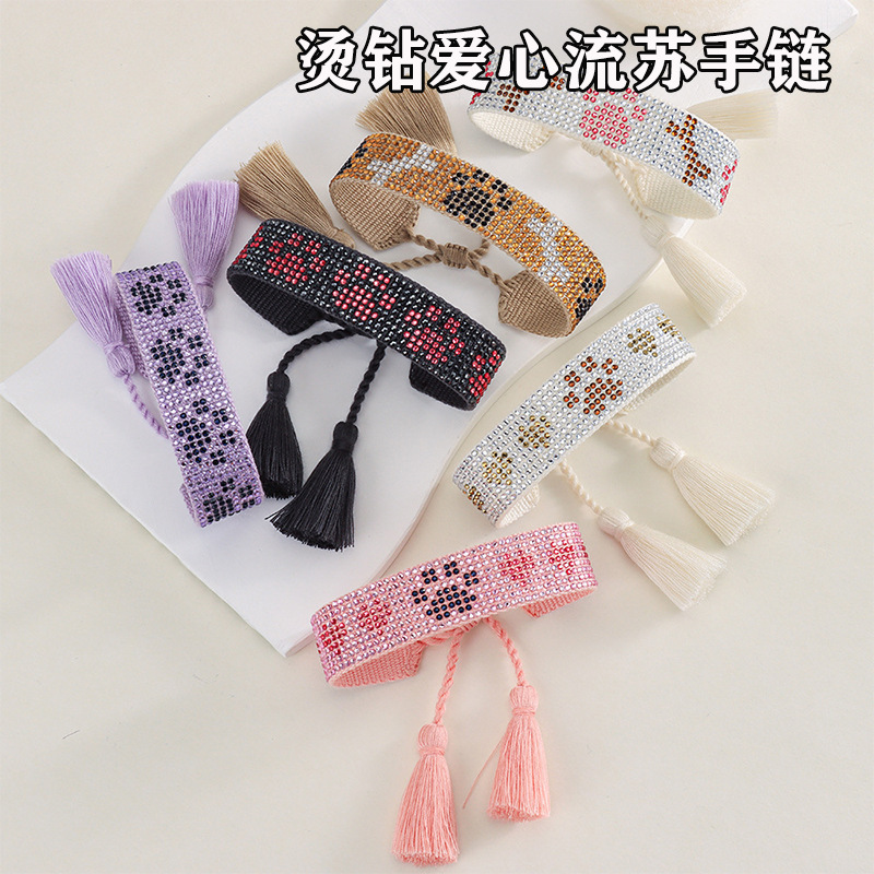 Cross-border woven hand rope wholesale cat and dog claw embroidery bracelet hot drill hand tassel bracelet women fashion love pet