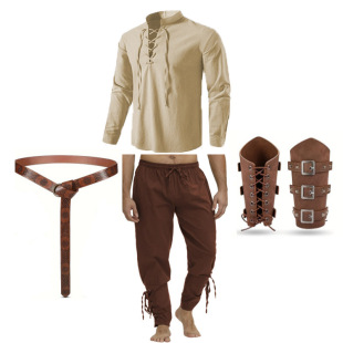 4Pcs Halloween Men Renaissance Costume Set Medieval Pirate Shirt Ankle Strap Pants