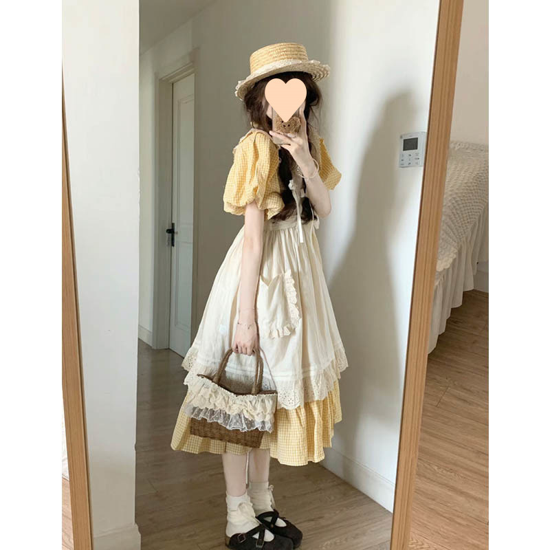 森ガーデンスタイルスクエアカラーチェック柄ドレスレディースかわいいフライングスリーブアプリコットレイヤードスカートツーピーススーツ|undefined