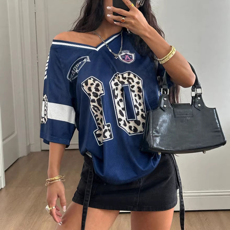 Cross-Border Retro Leopard Print Digital Off-Shoulder 3D Digital Print Spicy Girl Style Loose V-Neck One-Shoulder Jersey Crop Top Cross-Border Retro Leopard Print Digital Off-Shoulder 3D Digital Print Spicy Girl Style Loose V-Neck One-Shoulder Jersey Crop Top