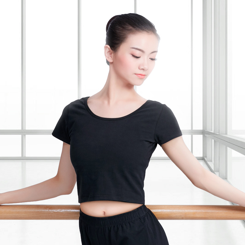 Ropa de baile para adultos nueva práctica deportiva superior ombligo camiseta negro manga corta yoga fitness Jazz Ropa de baile image 1