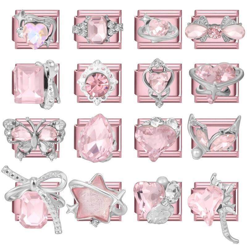 Pink Zircon DIY Italian Modular Bracelet with Heart, Bow, and Star Creative Patchwork Jewelry Accessories