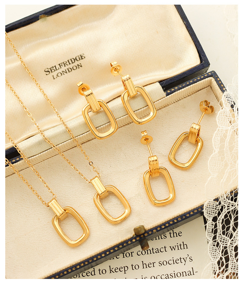 ins jewelry retro oval pendant titanium steel 18k geometric hollow necklace earrings