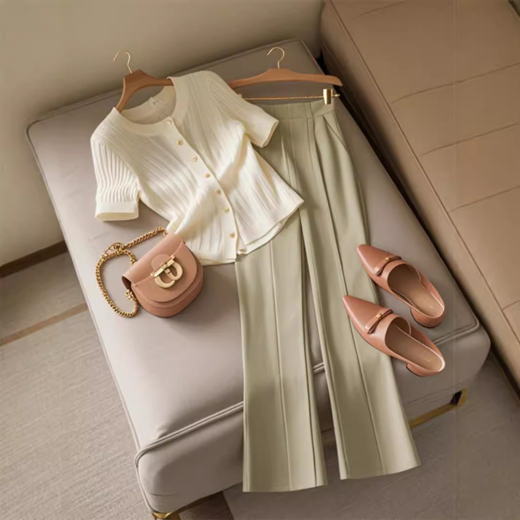Bộ hai mảnh nữ mùa hè phong cách muối thanh lịch, tôn dáng trẻ trung — Màu trắng kaki