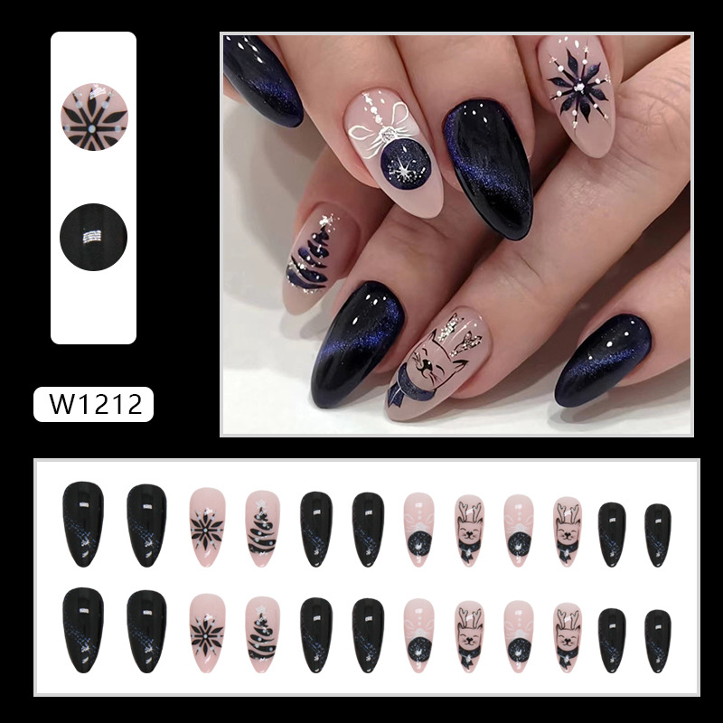 Bleu noir ciel scintillant rose amande armure flocon de neige wapiti nuit de Noël faux ongles_voghion.com