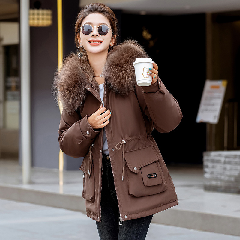 Comercio Exterior2025 invierno nuevo comercio exterior grueso para superar la cintura femenina delgada encapuchada gran cuello de cabello abrigo de algodón cálido