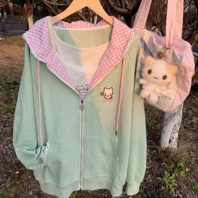 薄款湖绿色刺绣猫咪长袖拉链卫衣外套女日系可爱显白春夏亚萌宅系